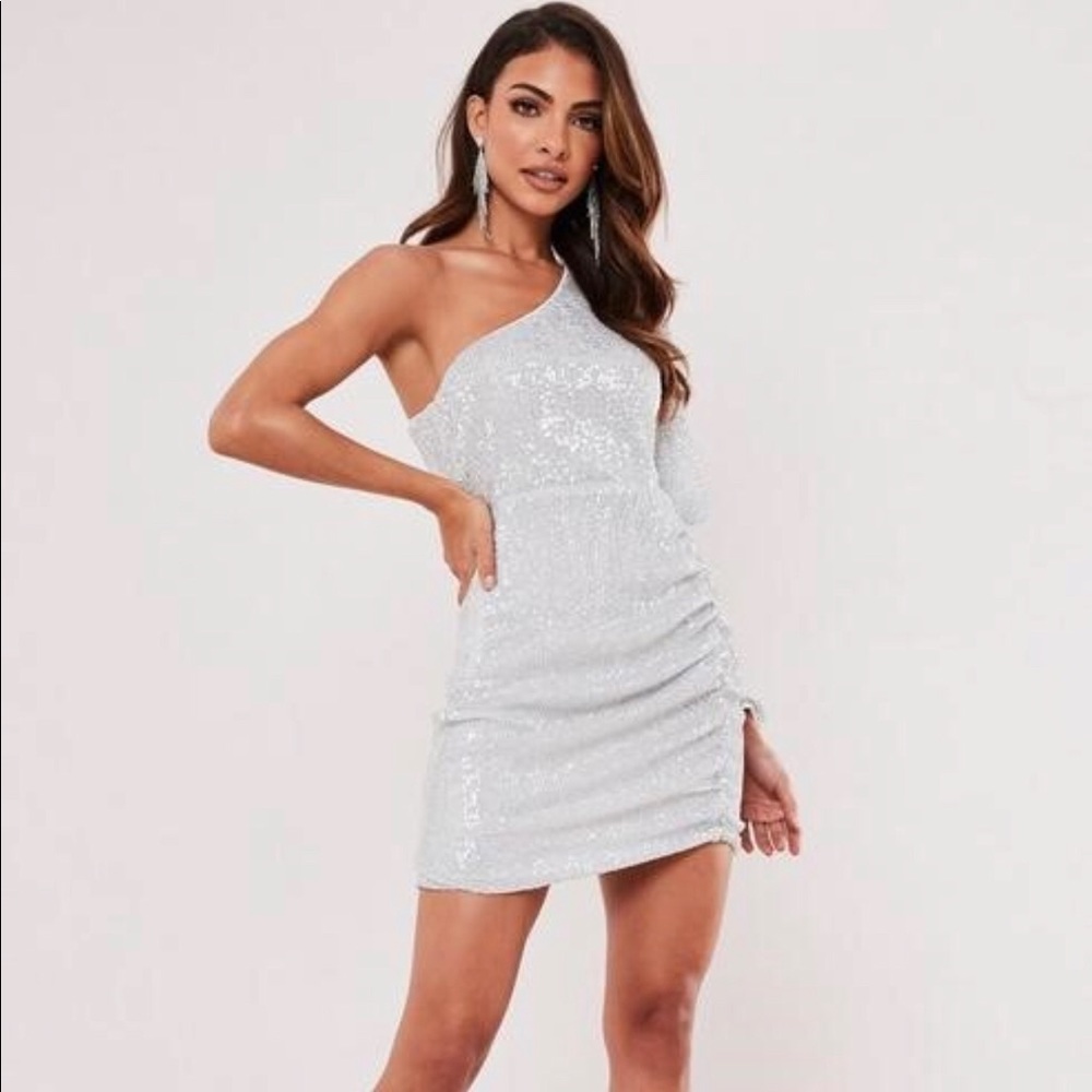 silver sequin puff one shoulder ruched mini dress